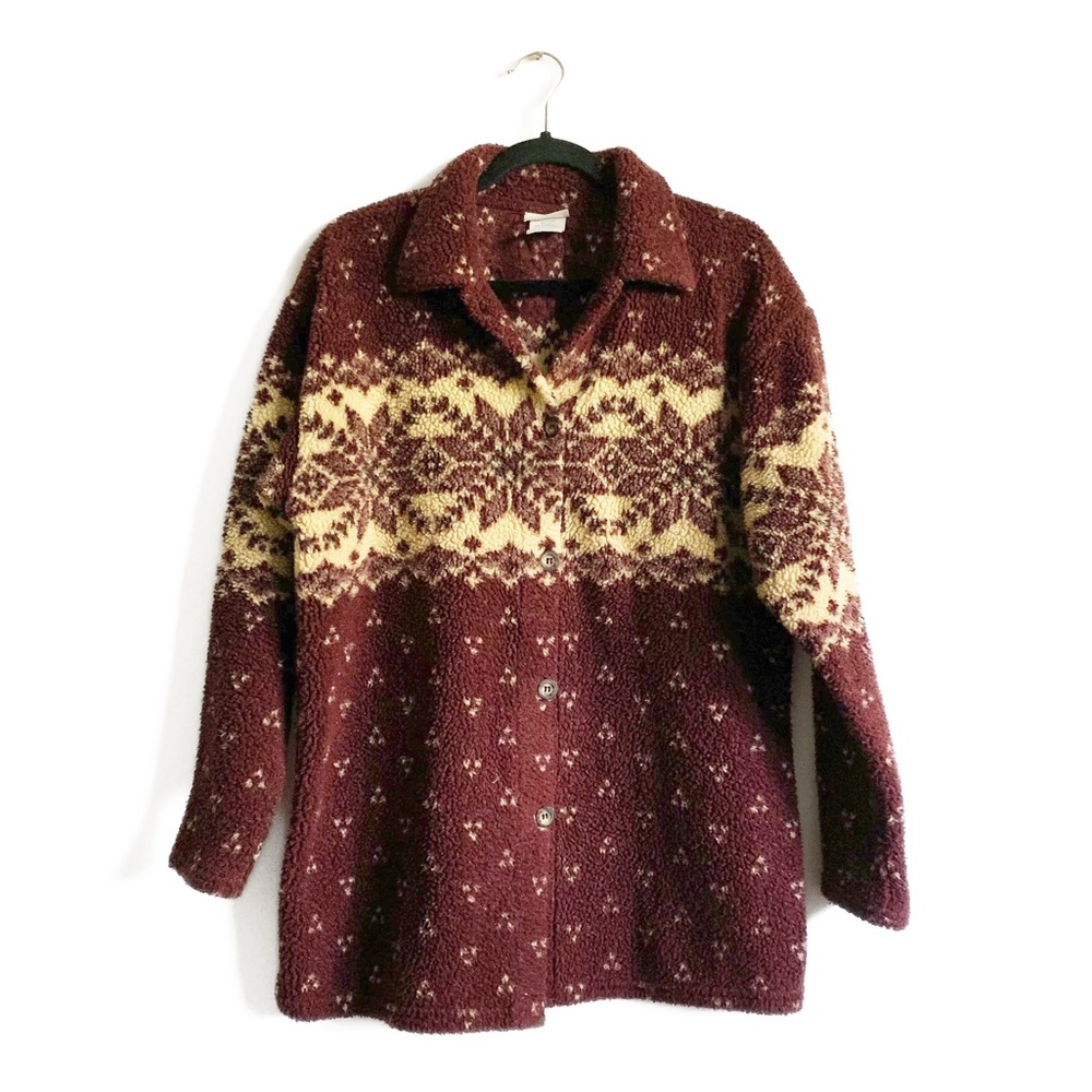 Vintage Sherpa Fleece Shacket Button Front Ski Cardigan Brown